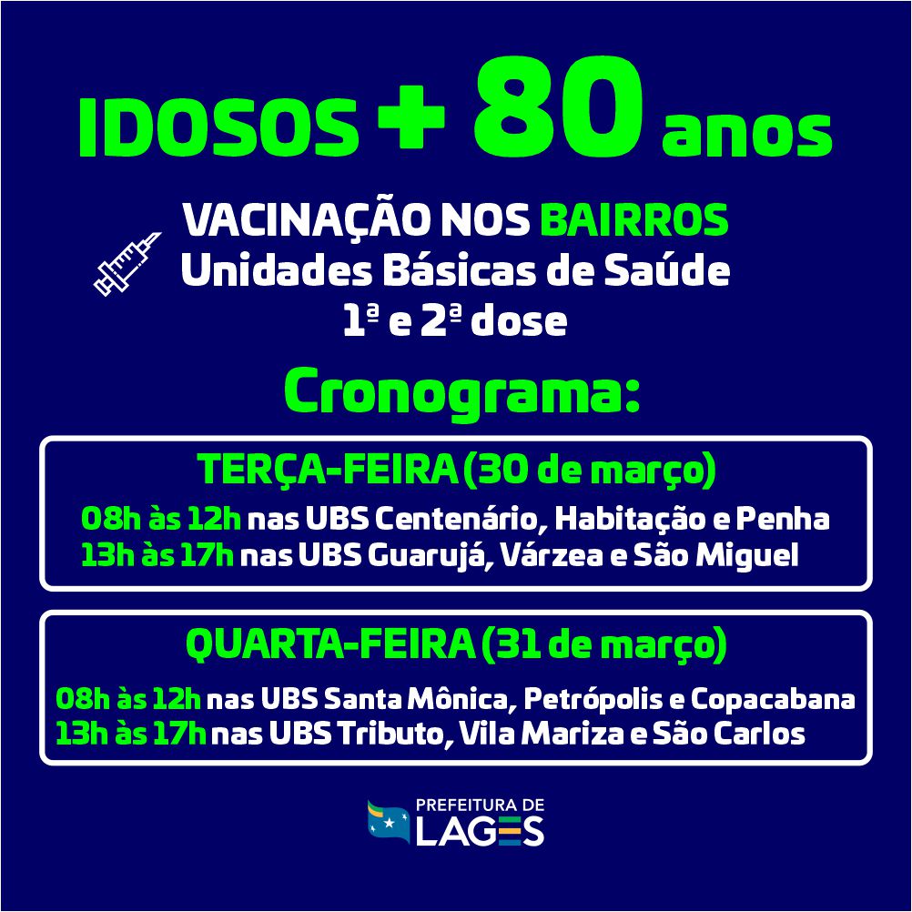 Prefeitura de Lages Vacina contra a Covid-19 estará à disposição dos idosos acima dos 80 anos em Unidades Básicas de Saúde de Lages