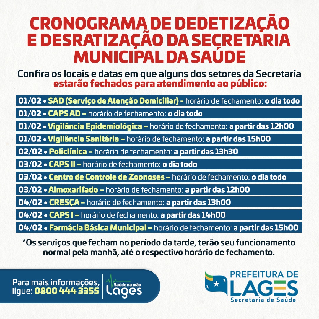 Prefeitura de Lages Setores da Secretaria da Saúde terão interrupção no atendimento ao público para higienização   