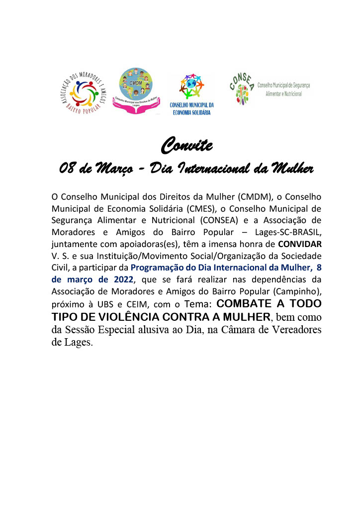 Prefeitura de Lages Conselho Municipal dos Direitos da Mulher em parceria com demais instituições realiza programação alusiva ao Dia Internacional da Mulher