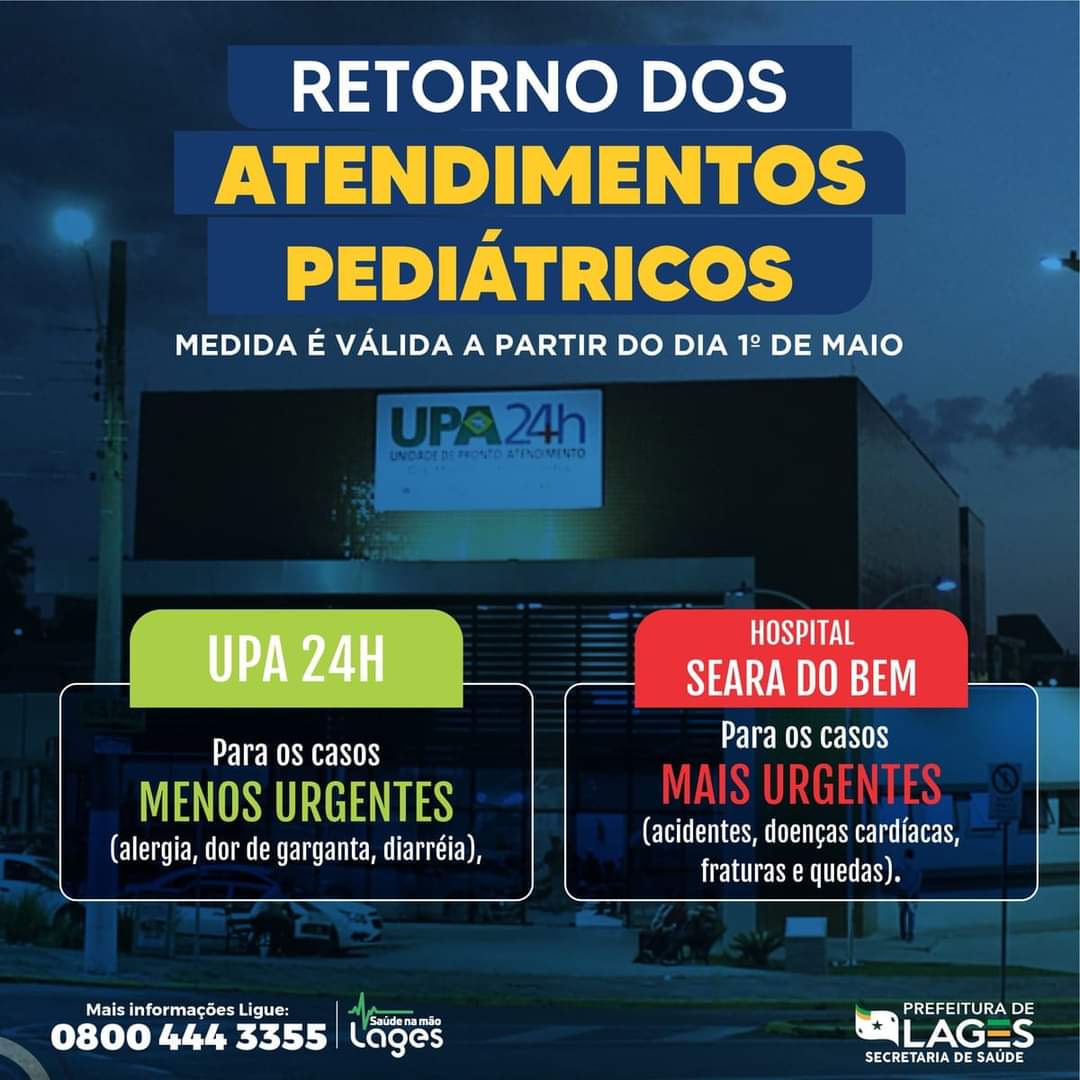 Prefeitura de Lages Atendimento pediátrico retornará para a UPA 24 Horas a partir desse domingo (1º de maio), às 7 horas