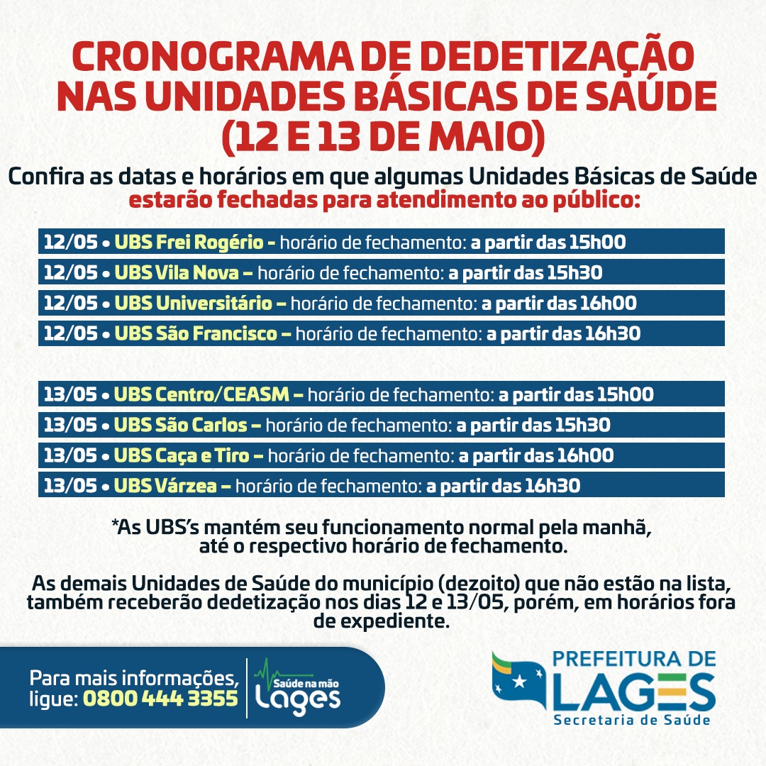 Prefeitura de Lages Secretaria da Saúde alerta para interrupção no atendimento de algumas UBSs por motivo de dedetização na quinta e sexta-feira (12 e 13 de maio)