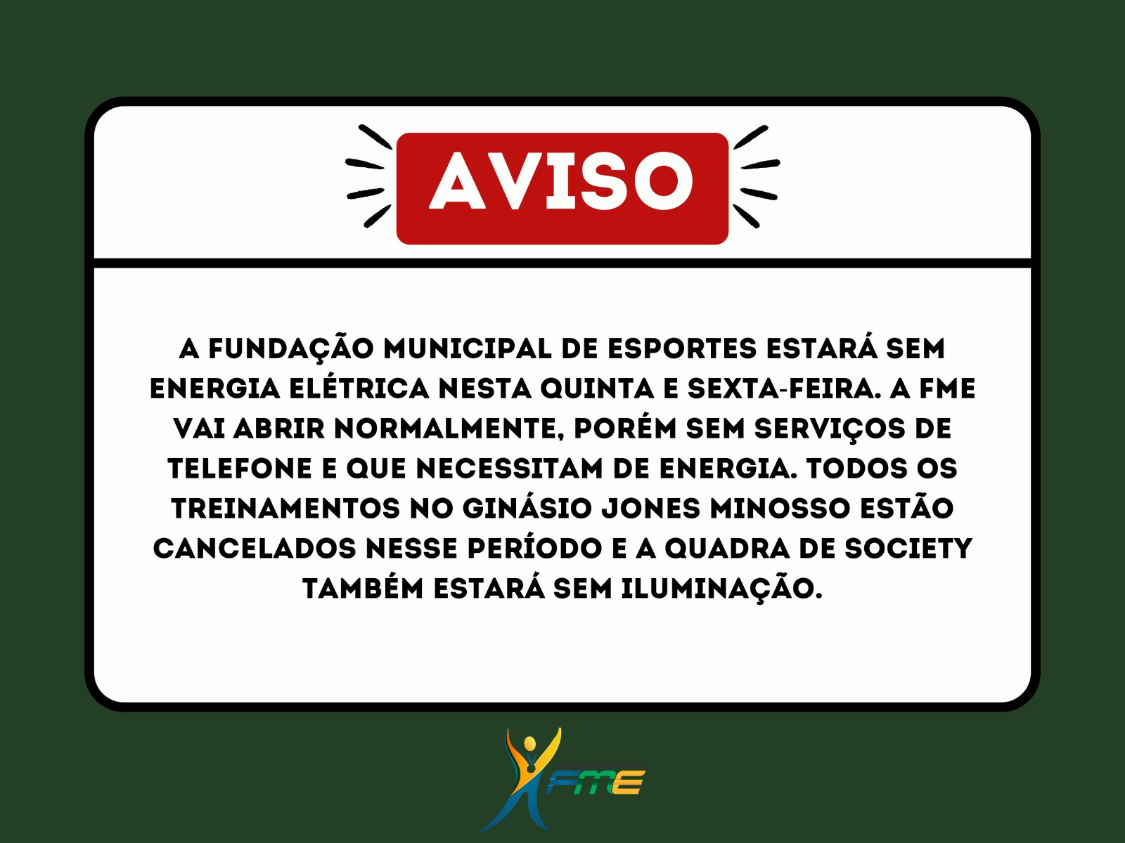 Prefeitura de Lages Manutenção no sistema da energia elétrica comprometerá serviços da Fundação Municipal de Esportes na quinta e sexta-feira